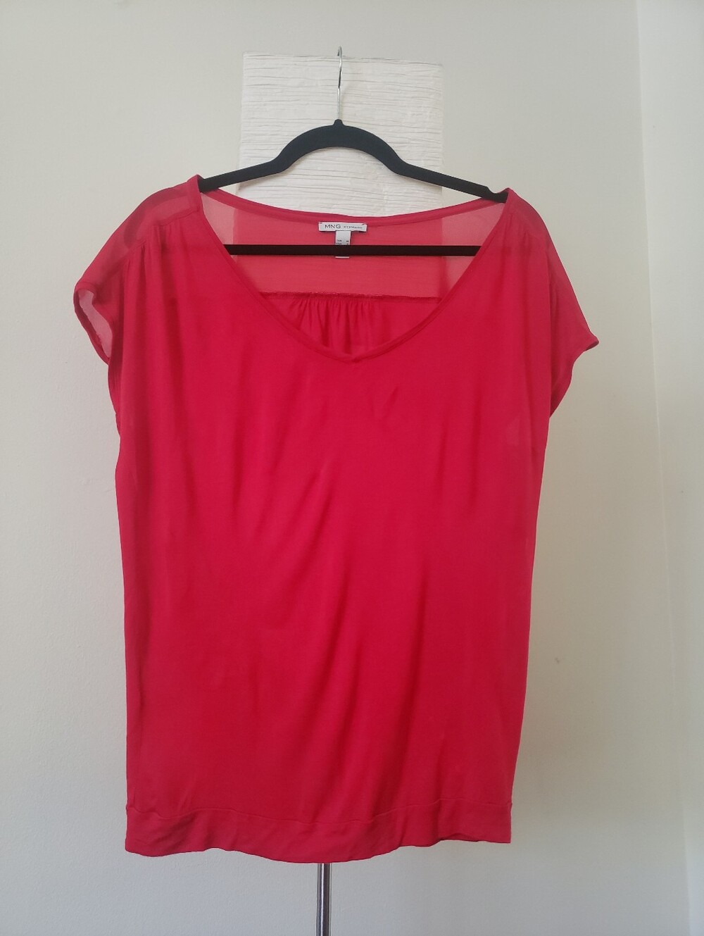 MNG by Mango Red Mesh Cap Sleeve V-Neck Soft Tee, S